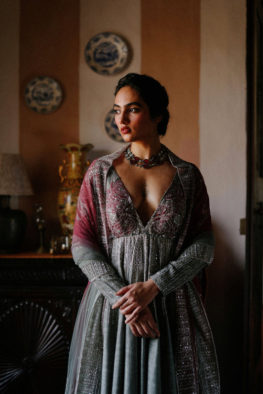 Green lily & Berry patchwork
 flowers anarkali