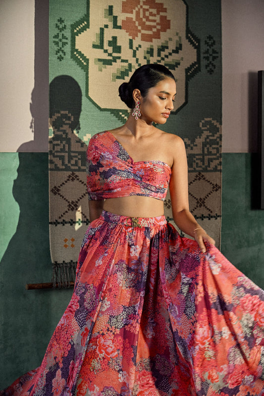 Sunset bloom off shoulder skirt set