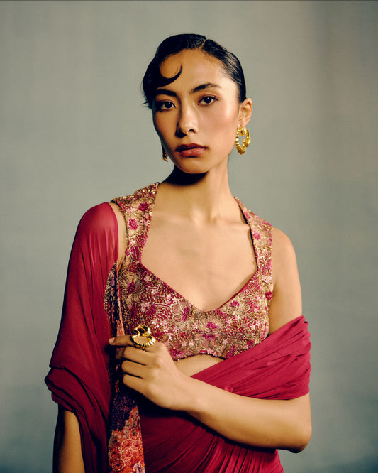 Wildrose Sunset Bloom 
Pre-Drapped Saree