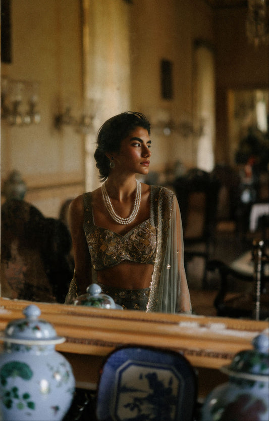 Green lily & Berry half and half lehenga set