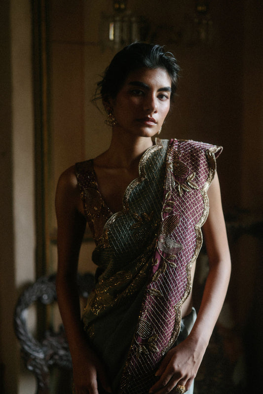 Green lily & Berry ombre saree