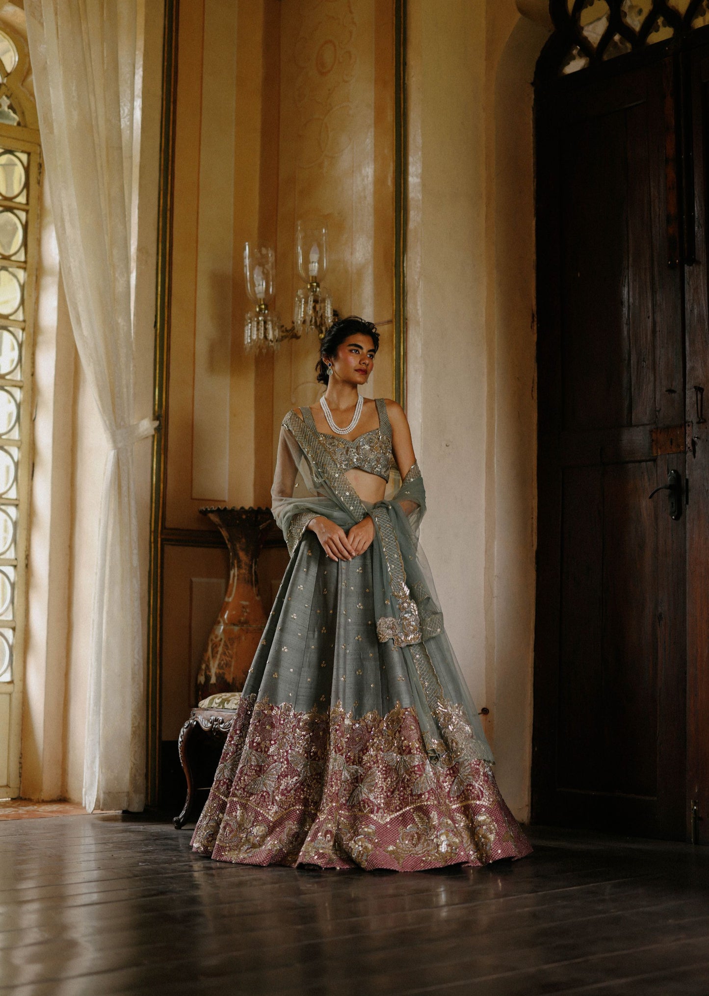 Green lily & Berry half and half lehenga set