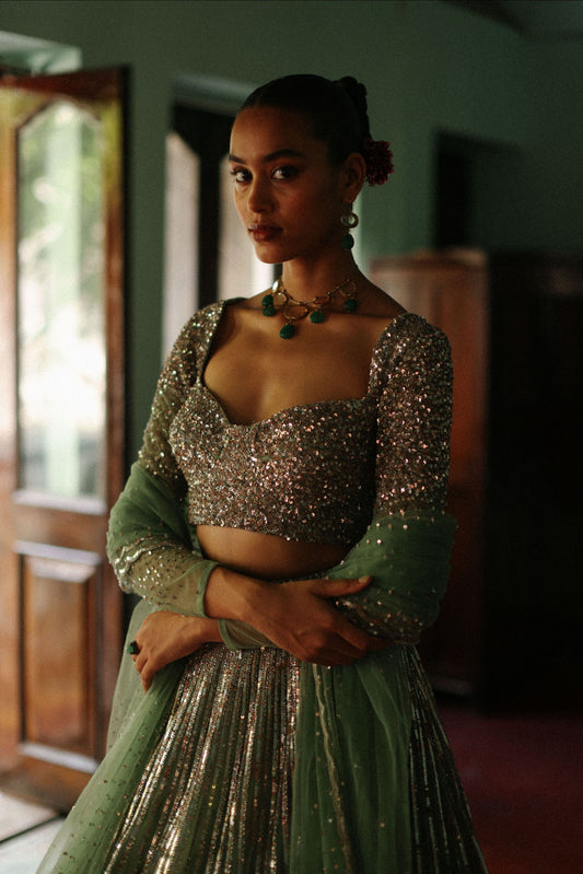 Sequin lines with floral printed
 tier lehenga set