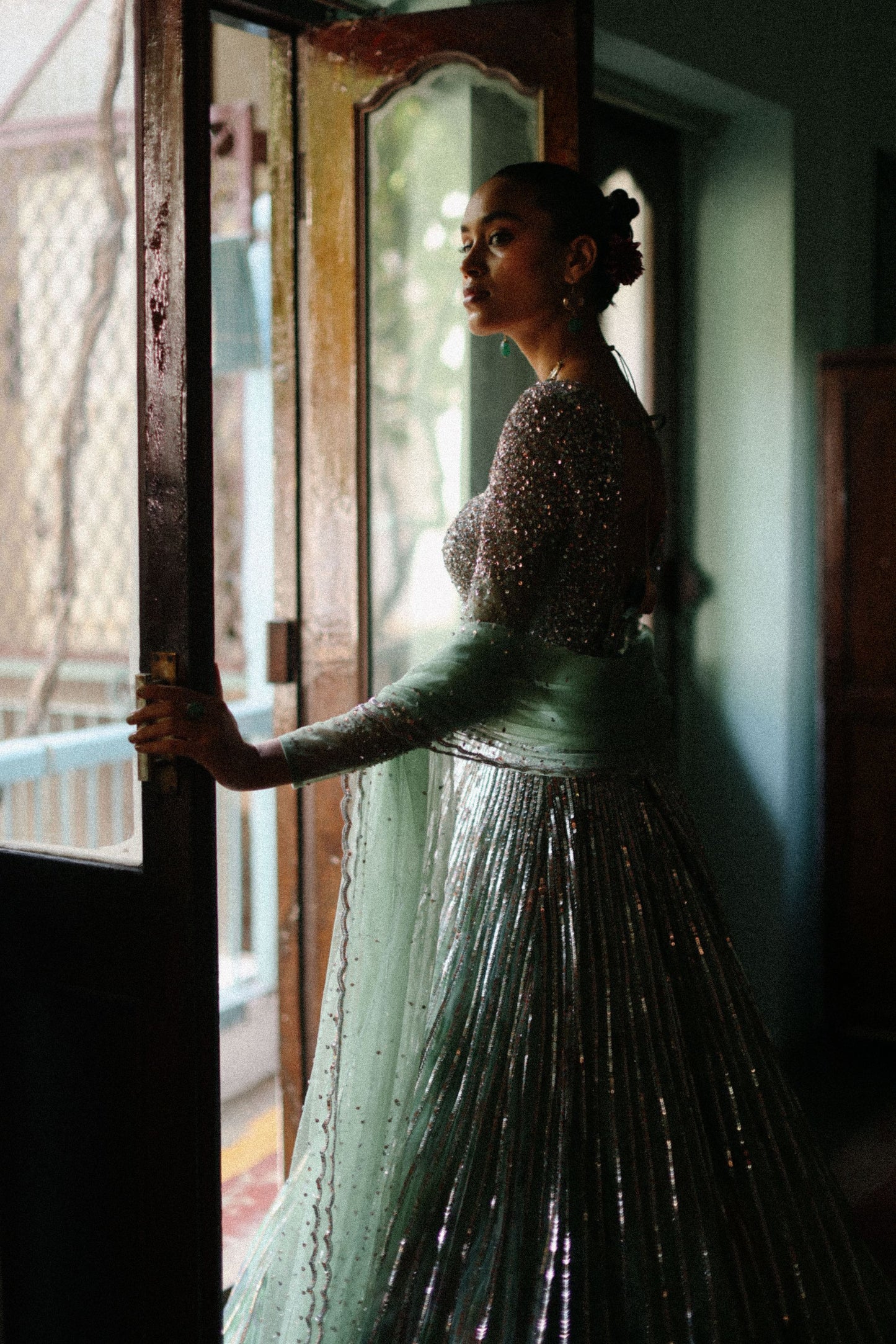 Sequin lines with floral printed
tier lehenga set