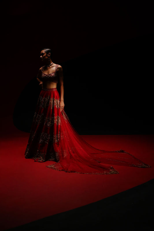 Four-Line floral foliage lehenga set