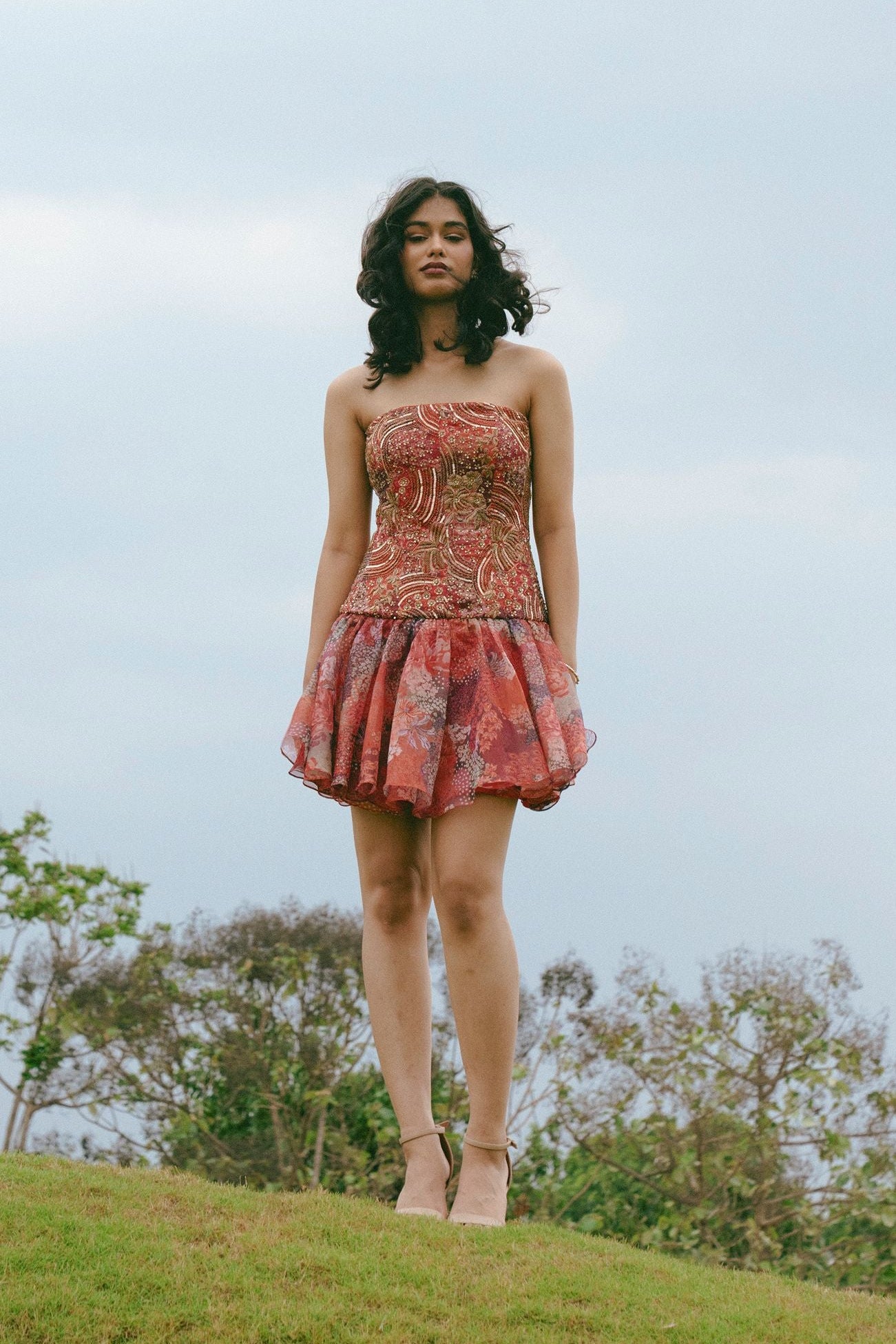 Cherry sunset bloom drop waist dress
