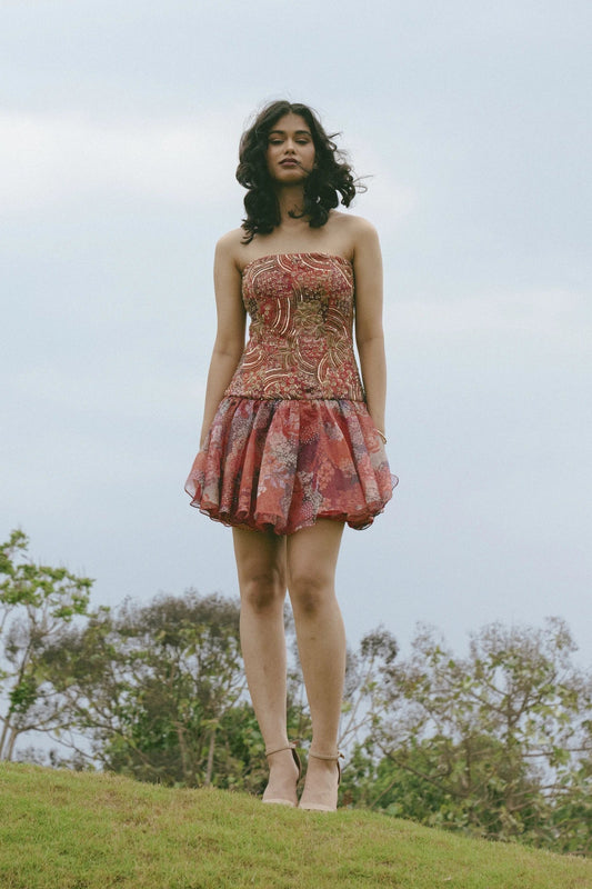 Cherry sunset bloom drop waist dress