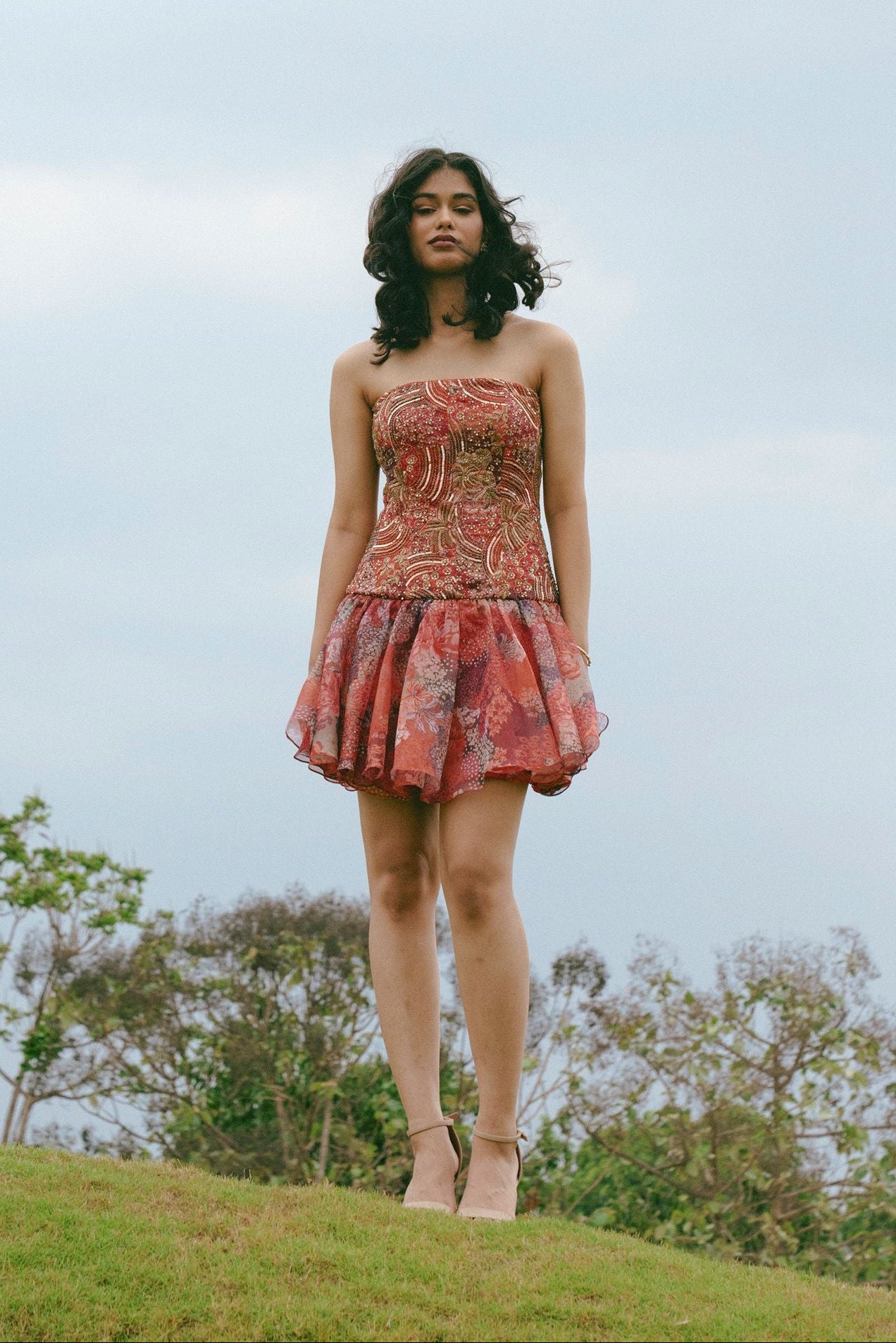 Cherry sunset bloom drop waist dress