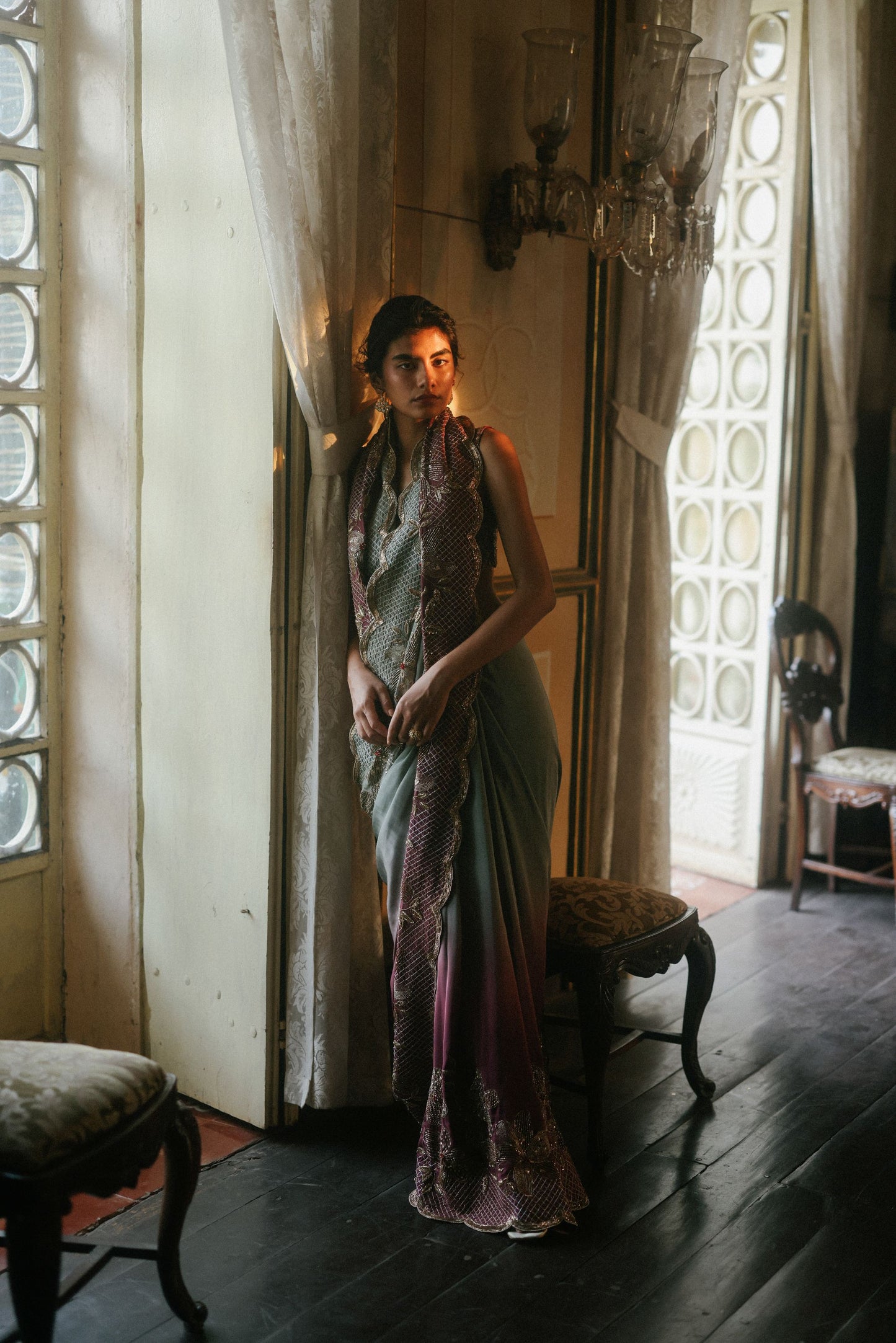 Green lily & Berry ombre saree