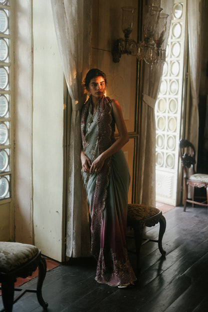 Green lily & Berry ombre saree