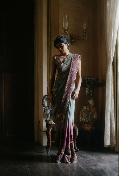 Green lily & Berry ombre saree