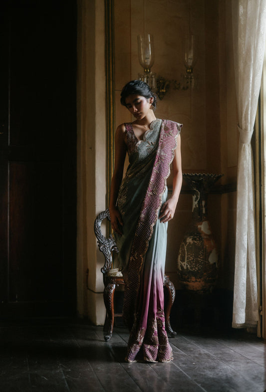 Green lily & Berry ombre saree