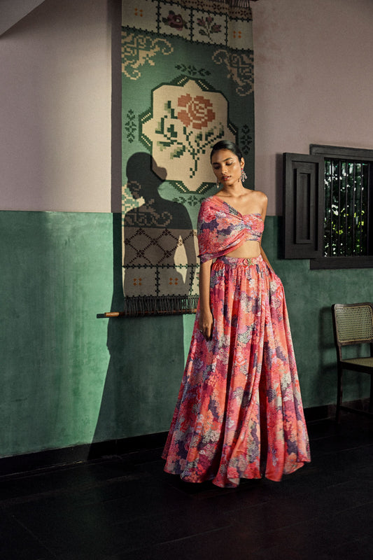 Sunset bloom off shoulder skirt set