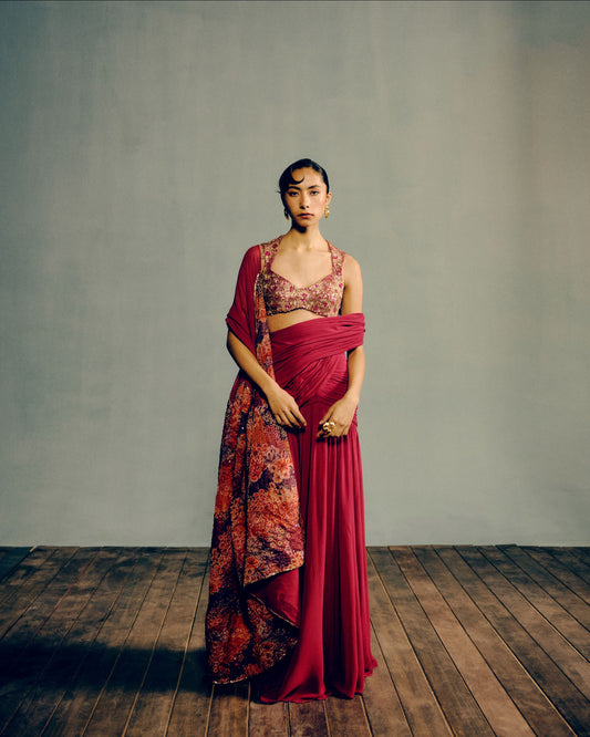 Wildrose Sunset Bloom 
Pre-Drapped Saree