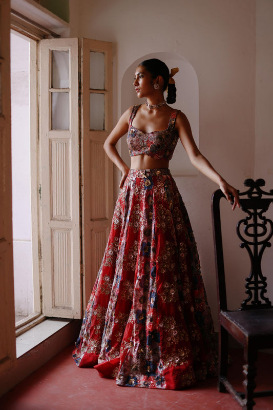 Print and Floral Bunches alternate
 panels lehenga set