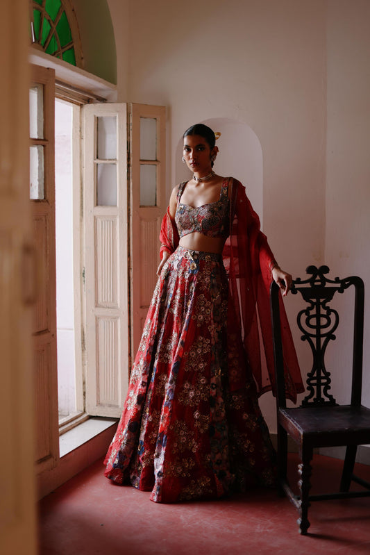 Print and Floral Bunches alternate
 panels lehenga set