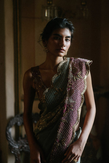 Green lily & Berry ombre saree