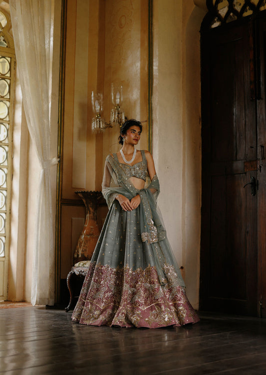Green lily & Berry half and half lehenga set
