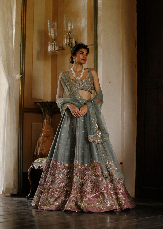 Green lily & Berry half and half lehenga set