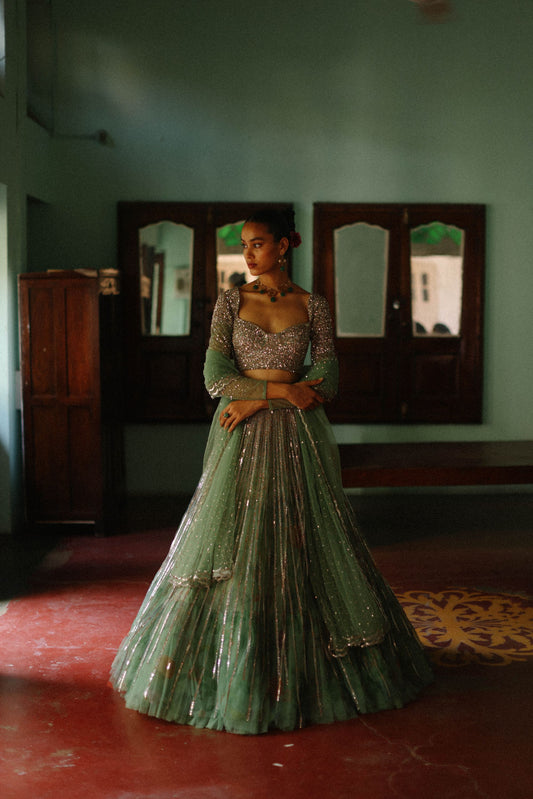 Sequin lines with floral printed
 tier lehenga set