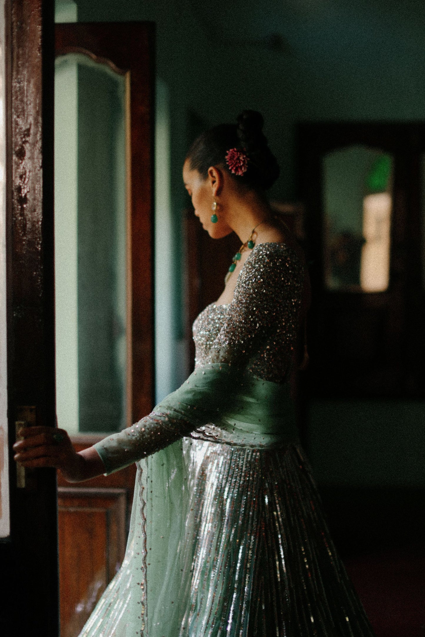 Sequin lines with floral printed
 tier lehenga set