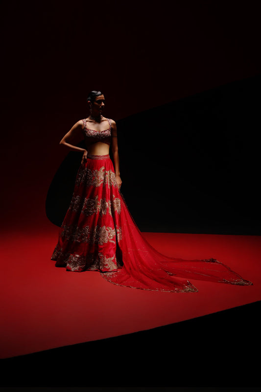 Four-Line floral foliage lehenga set